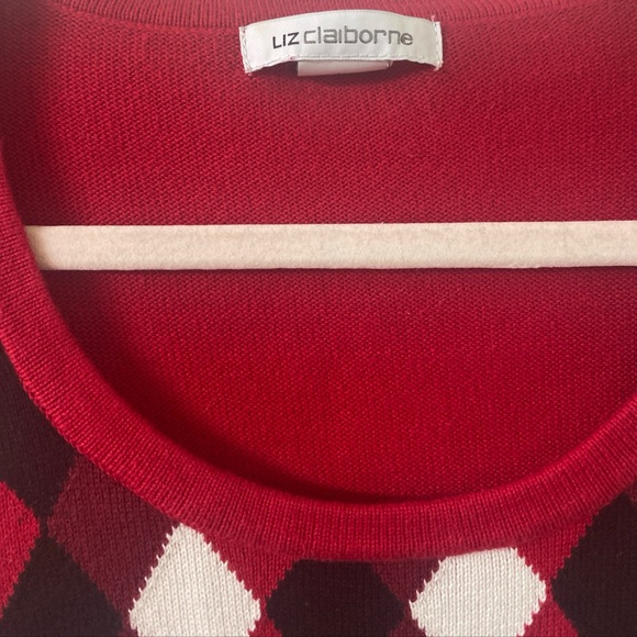 Argyle Checkered Preppy Size L Sweater Liz Claiborne Long Sleeved Red 100% Cotto - Picture 2 of 9